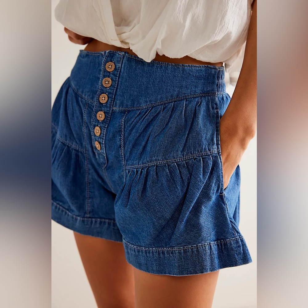 Free People Blue Denim Tiered Button-Front Shorts